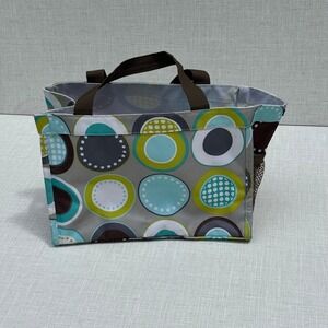 Thirty-One Tote Bag Purse Brown Teal Green Circle Print Polka Dots‎